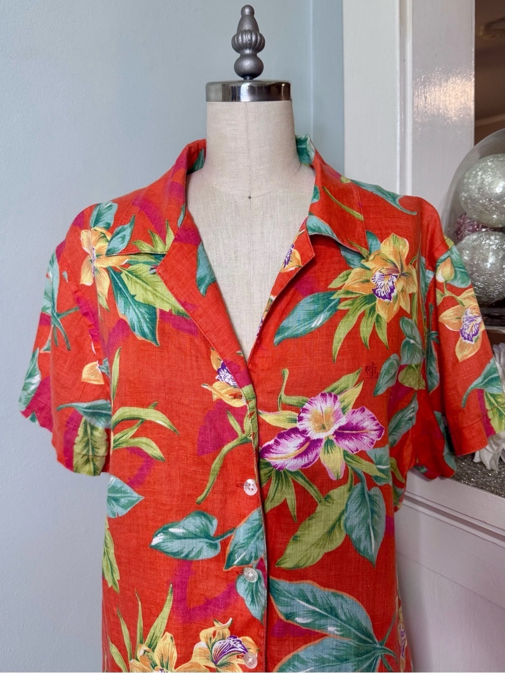 Lauren Ralph Lauren 100% Linen Tropical Hawaiian Button Down Shirt Womens Large - Picture 4 of 10